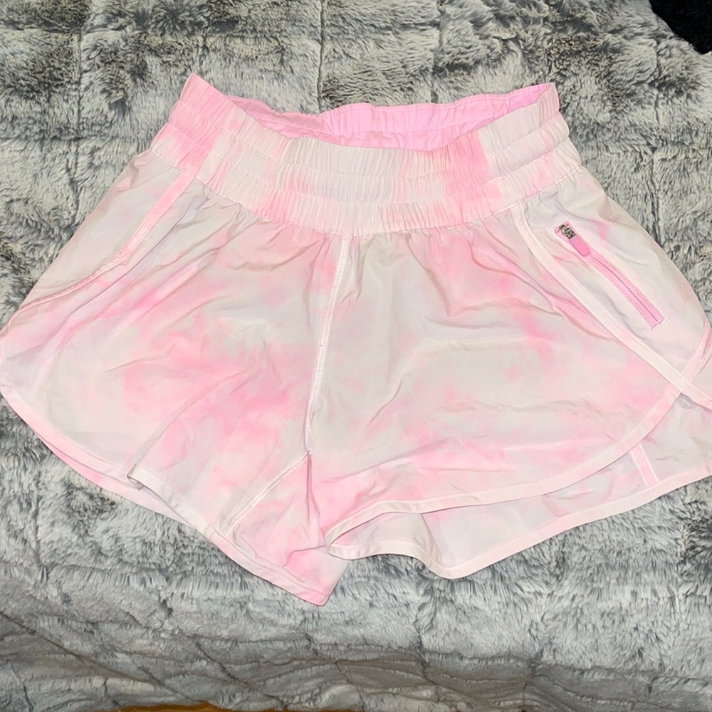 PINK AND WHITE TYE DYE LULULEMON SHORTS